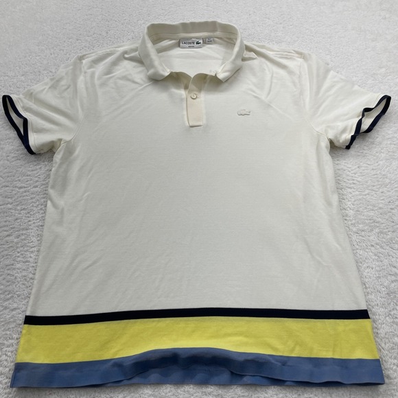 Lacoste Slim Fit XXL Polo Shirt White Blue Yellow Trim Casual Sport Activewear - Picture 1 of 8